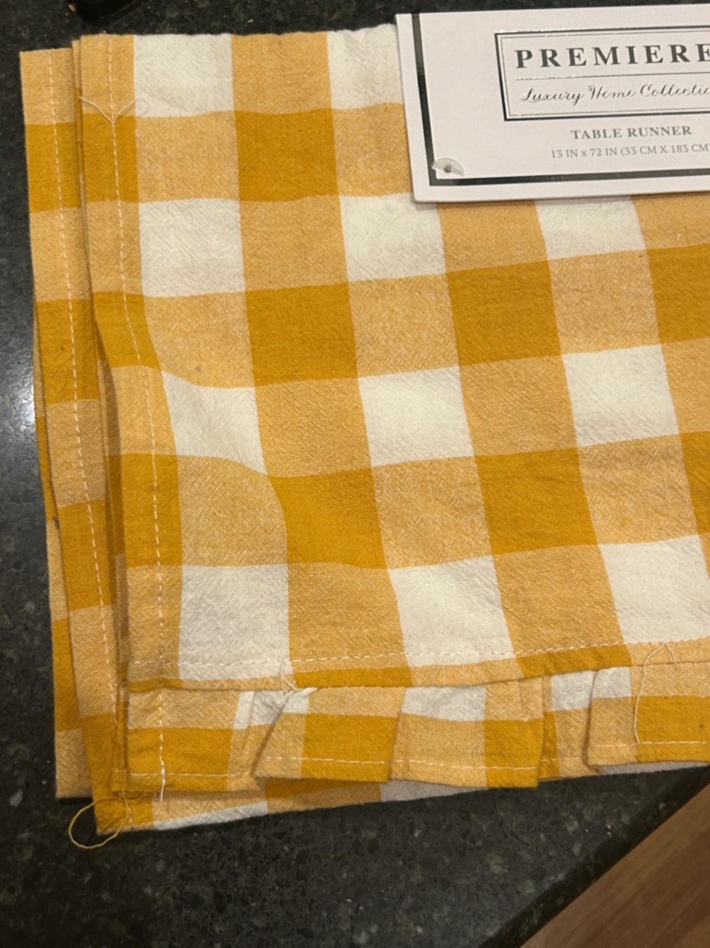 Premier Mustard Yellow and White Check Table Runner Ruffle Edge Size 13 x 72 NEW